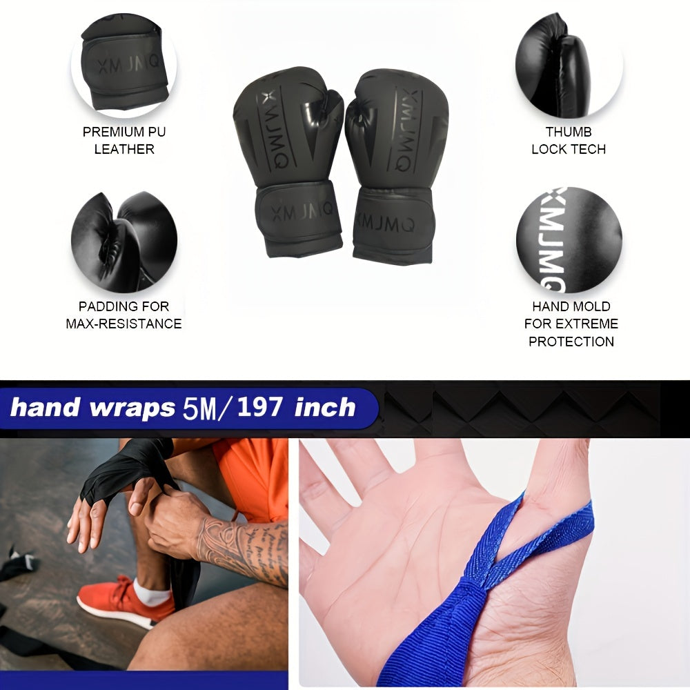 Premium Hanging Punching Bag Set with 12oz Gloves & Straps - Ideal for Boxing & Combat Training - Durable PU Material, Black