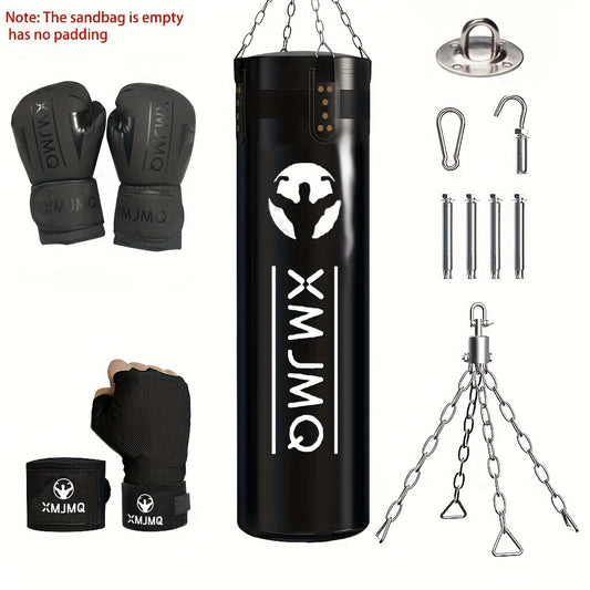 Premium Hanging Punching Bag Set with 12oz Gloves & Straps - Ideal for Boxing & Combat Training - Durable PU Material, Black