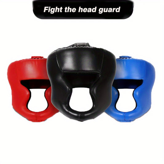 1 Set Faux Leather & EPE Foam MMA Head Guard - Full Coverage Boxing Headgear with Adjustable Straps for Sparring, Training, and Competition - Red, Black, Blue Combo Pack